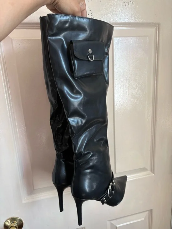 Black Over-the-Knee Pointed Stiletto Boots with Pocket Detail - Picture 3 of 5